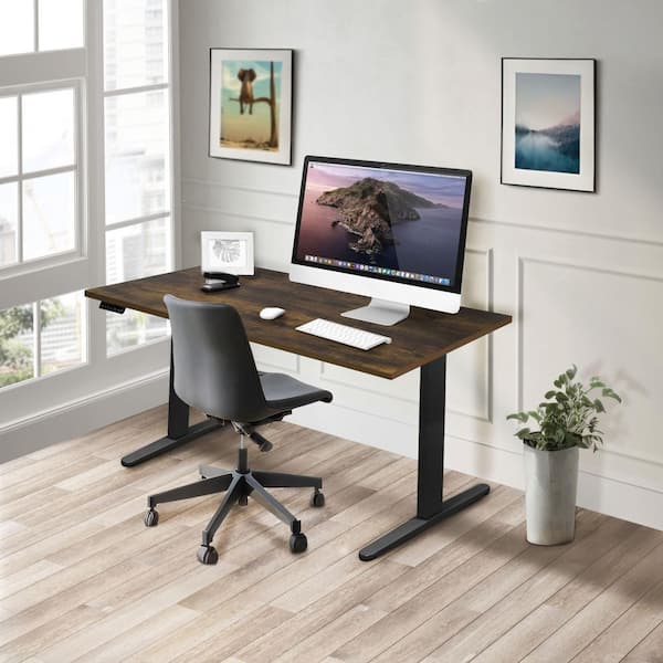 55 in. Rectangular Oak Tabletop Dual Motor Electric Standing Desk with Black Base