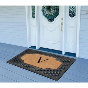 A1HC Mesh Border Black 23 in. x 38 in. Rubber and Coir Heavy-Weight Outdoor Durable Monogrammed V Door Mat