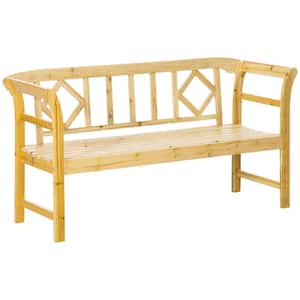 3-Person Wooden Bench, 3-Seater Outdoor Patio Bench, Backrest and Armrests, Slatted Seat, Natural
