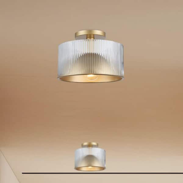 Bel Air Lighting Quartz Serenade 12.5 in. 2-Light Gold Semi-Flush Mount Ceiling Light with Clear Reeded Glass