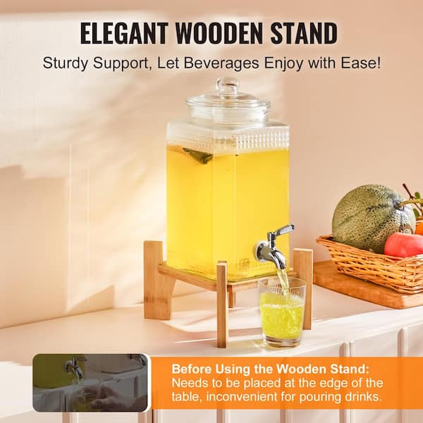 2-Pack 1.5 Gallon Glass Drink Dispensers With Wood Stand - Beverage Dispenser For Lemonade, Tea, Party Drinks