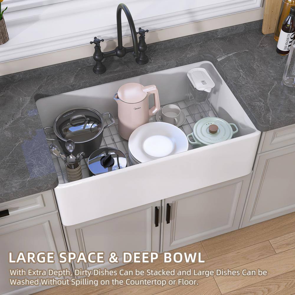 White Fireclay Single Bowl Farmhouse Kitchen Sink with Grid