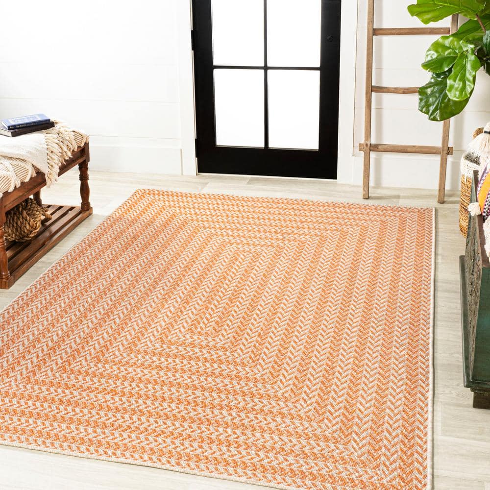 JONATHAN  Y Santa Monica Chevron Concentric Squares 5 x 8 (ft) Loomed Polypropylene Orange/Cream Rectangular Indoor/Outdoor Stripe Farmhouse/Cottage Hose washable Area rug