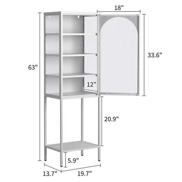 FUNKOL 19.7 in. x 13.8 in. x 63 in. White 5-Shelf Metal Storage Cabinet with 3 Adjustable Dividers and Glass Doors