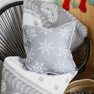 Decorative Christmas Snowflakes Single Throw Pillow Cover 18 in. x 18 in. Gray and White Square for Couch, Bedding