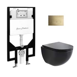 St. Tropez Wall-Hung Toilet. Round, 3-Piece Bundle 0.8/1.6 GPF Dual Flush in Matte Black with Brass Flush Plate