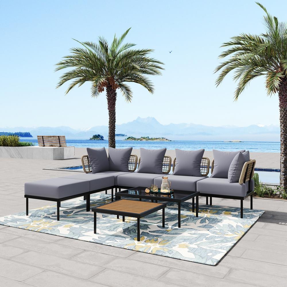 Black 8-Piece Metal Outdoor Patio Sectional Set with Coffee Tables and Ligh