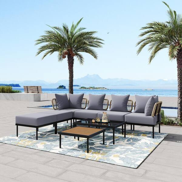 Unbranded Black 8-Piece Metal Outdoor Patio Sectional Set with Coffee Tables and Light Grey Cushions, for Garden and Poolside