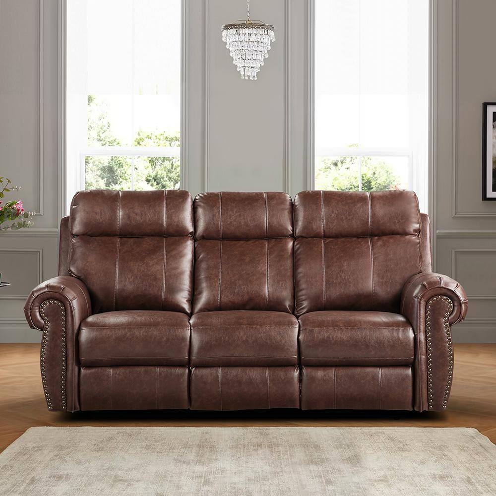 Stader 83 in. W Rolled Arm Faux Leather Rectangle Manual Double Reclining Sofa in. Brown 9488BR