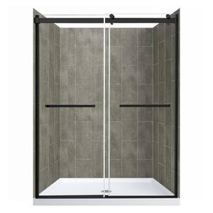 Lagoon Dbl Roller 48 in. L x 34 in. W x 78 in. H Center Drain Alcove Shower Stall Kit in Quarry and Matte Black Hardware
