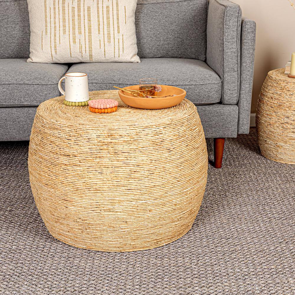 Natural Handwoven Corn Rope Round Barrel Coffee Table