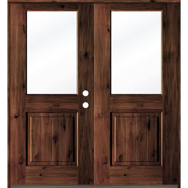 Krosswood Doors 64 in. x 80 in. Rustic Knotty Alder Wood Clear Half-Lite red mahogony Stain/VG Left Active Double Prehung Front Door