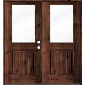 72 in. x 80 in. Rustic Knotty Alder Wood Clear Half-Lite red mahogony Stain/VG Left Active Double Prehung Front Door