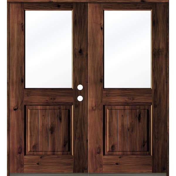 Krosswood Doors 72 in. x 80 in. Rustic Knotty Alder Wood Clear Half-Lite red mahogony Stain/VG Left Active Double Prehung Front Door
