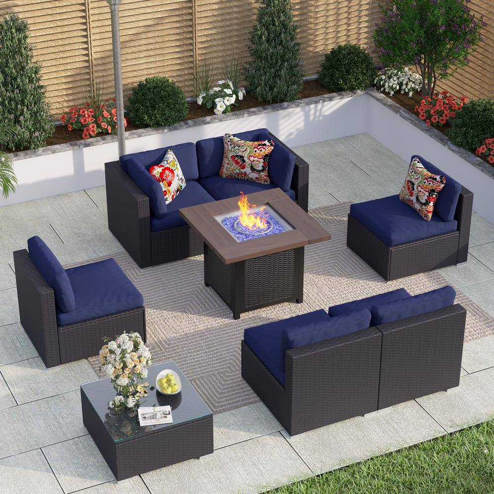 PHI VILLA Dark Brown Rattan Wicker 6 Seat 8Piece Steel Outdoor Fire