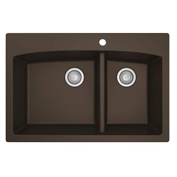 Drop-In Quartz/Granite Composite 33 in. 1-Hole 60/40 Double Bowl Kitchen Sink in Brown