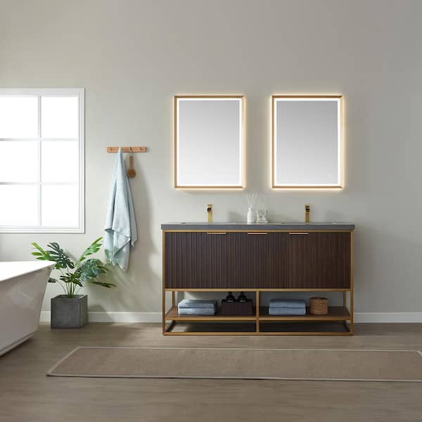 ROSWELL 60 in. W x 22 in. D x 34.6 in. H Double Sink Bath Vanity in Walnut with Armani Grey Sintered Stone Top and Mirror