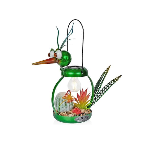 Solar-Powered Metal Heron with Garden Enclosed LED Light Decor, Solar Patio Decor, 16 in. H, Green