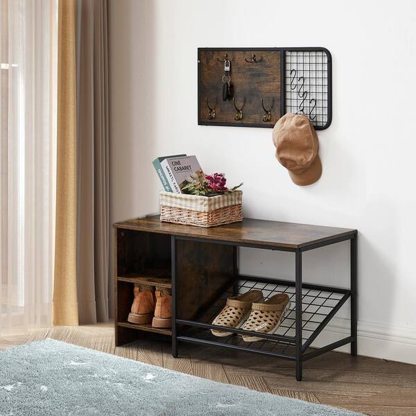 Amucolo Walnut Entryway Shoe Storage Bench with Coat Rack, 5 in 1 Design Shoe Rack Bench with Hooks and Storage Shelf, Brown