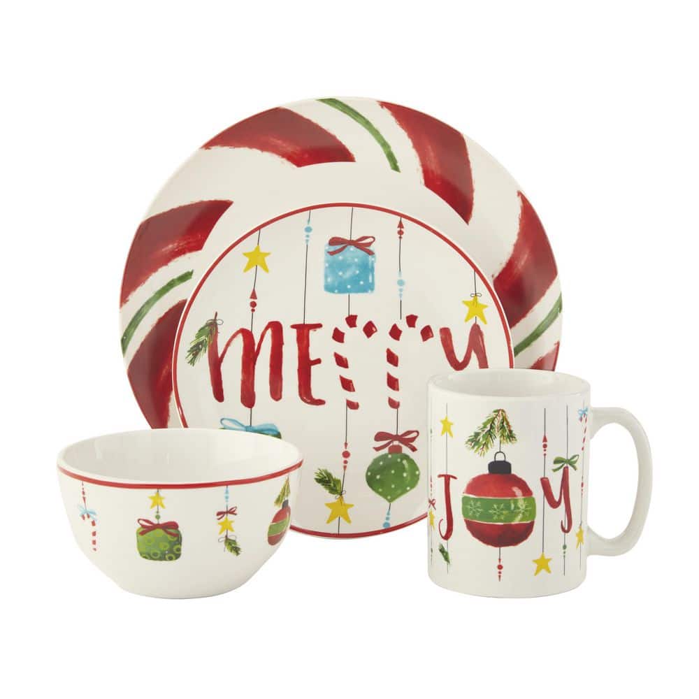 Holiday Peppermint Ornaments Ceramic Dinnerware Set, Service for 4