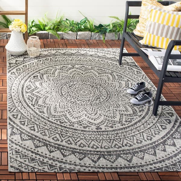 Courtyard Light Gray/Black 4 ft. x 6 ft. Border Indoor/Outdoor Patio  Area Rug