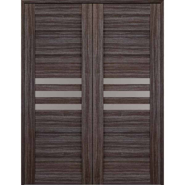 Dome 56 in. x 80 in. Both Active 3-Lite Frosted Glass Gray Oak Finished Wood Composite Double Prehung French Door