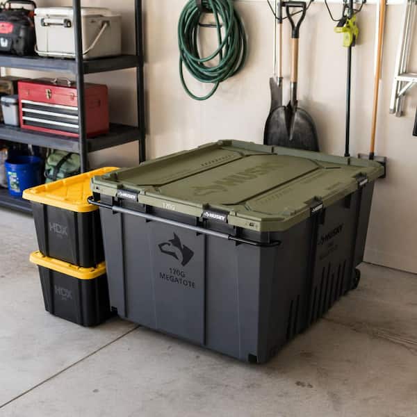 Husky 170 Gal. Pro Grip Storage Tote in Black with Army Green Lid