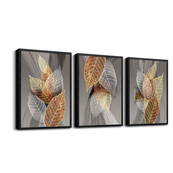 Unbranded 3-Piece 16 x 24 in. Black Framed Abstract Leaves Canvas Wall Art for Home Decor