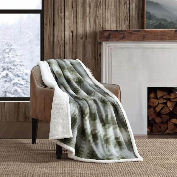 Eddie Bauer Nordic Plaid Olive Green Grey Fleece 50x70 Sherpa Reversable Throw Blanket USHSHF1303406 The Home Depot