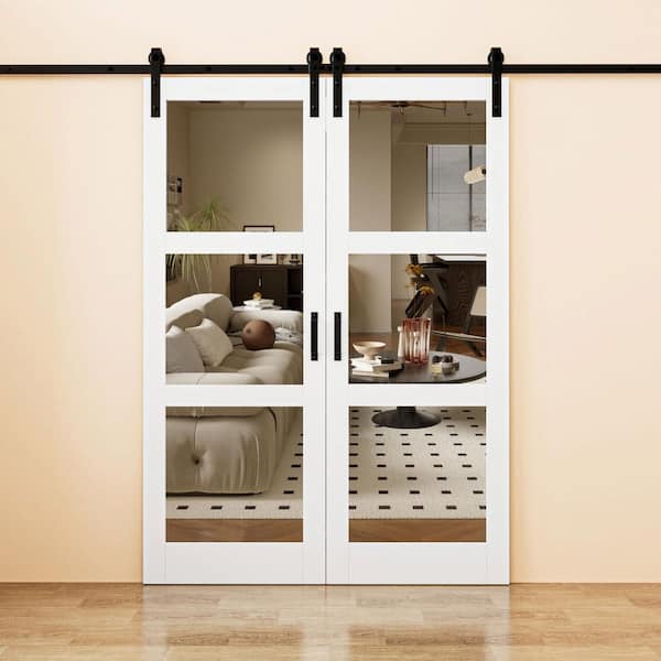 60 in. x 84 in. 3-Lite Mirrored Glass White Finished Solid Core MDF Barn Door Slab with Barn Door Hardware Kit