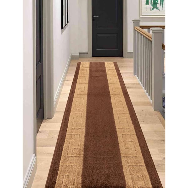 Meander Greek Key Design Cut to Size Brown Color 32" Width x Your Choice Length Custom Size Slip Resistant Runner Rug