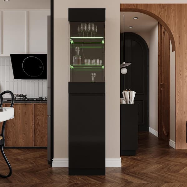Black Mirrored Finish 70.8 in. H Accent Storage Cabinet, Sideboard, Wine Cabinet with LED Light, 5 Shelves & Glasss Door