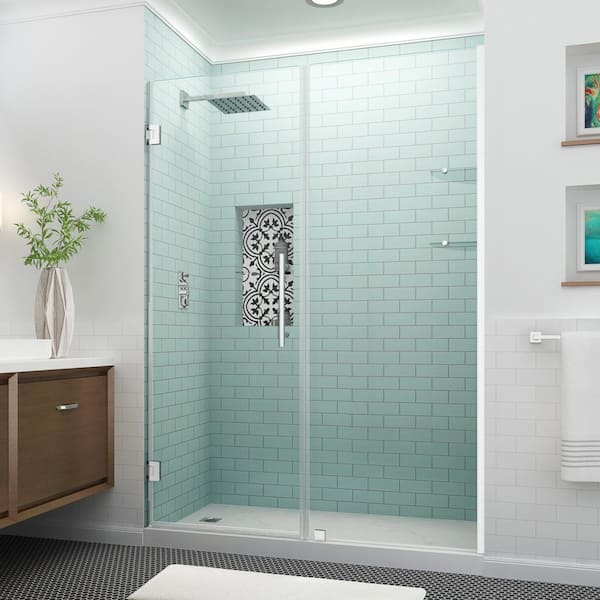 Aston Belmore GS 56.25 in. to 57.25 in. x 72 in. Frameless Hinged Shower Door with Glass Shelves in Stainless Steel
