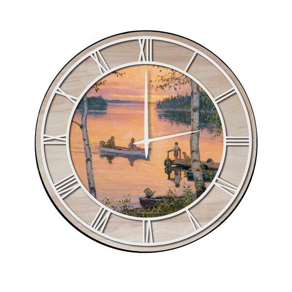 Unbranded "Lakeland Sunset" Woodgrain Accent and White Numbers Imaged Wall Clock