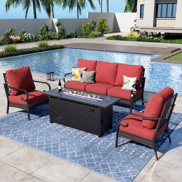 PHI VILLA 4-Piece Black Metal Outdoor Patio Conversation Seating Set with Fixed Chairs, 50000 BTU Fire Pit Table and Red Cushions