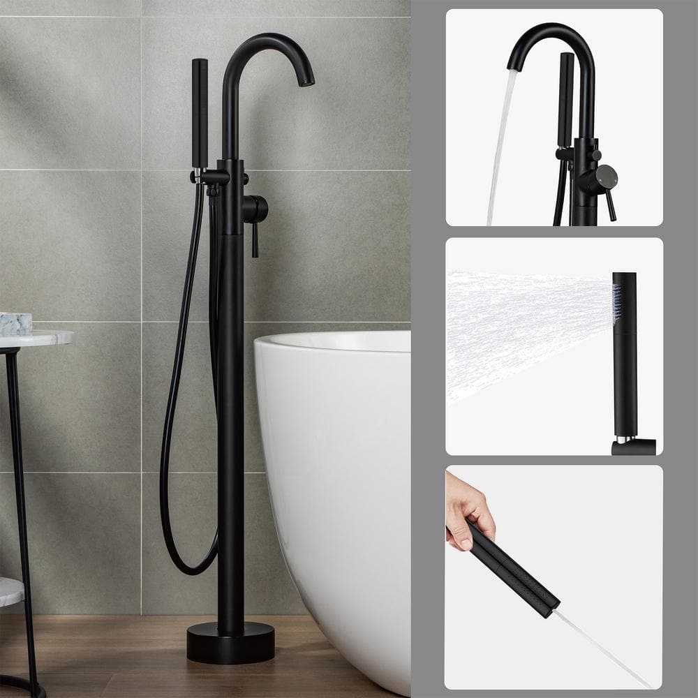 Matte Black Single Handle Floor Mount Tub Filler with Hand Shower