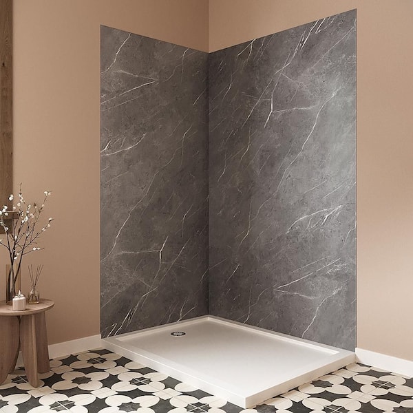DSH-1300-130 36 in. L x 48 in. W x 76 in. H 2-Piece Glue-Up Corner Shower Wall Surround in Grey Marble Finish