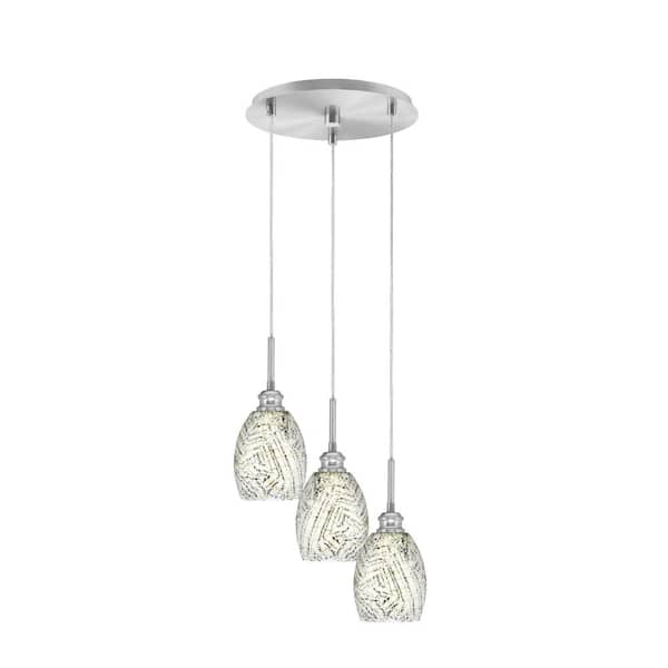 Unbranded Albany 60-Watt 13.5 in. 3-Light Brushed Nickel Cord Pendant Light Natural Fusion Glass Shade