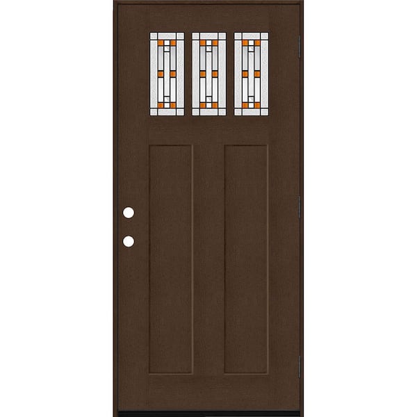 Steves & Sons Regency 36 in. x 80 in. 3-Lite Amberton Decor Glass LHOS Hickory Stain Fir Grain Fiberglass Prehung Front Door