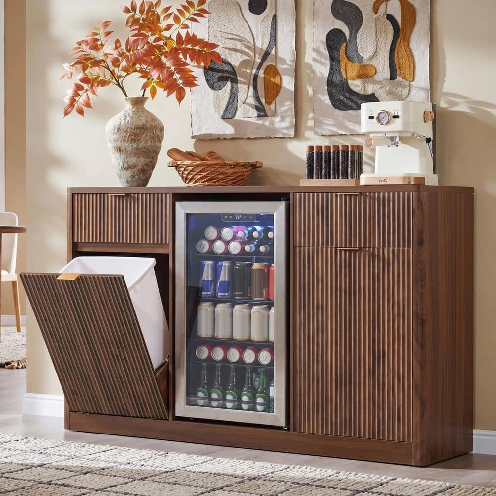 Modern Walnut Brown 59 in. W Home Bar Cabinet with Mini Fridge Storage, Wine Glass Rack, Tilt-Out Trash Cabinet