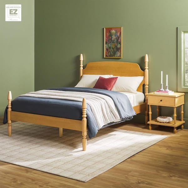 Modern Farmhouse Easy Assembly 2-piece Natural Solid Wood 1-drawer Nightstand and Queen Bed Bedroom Set