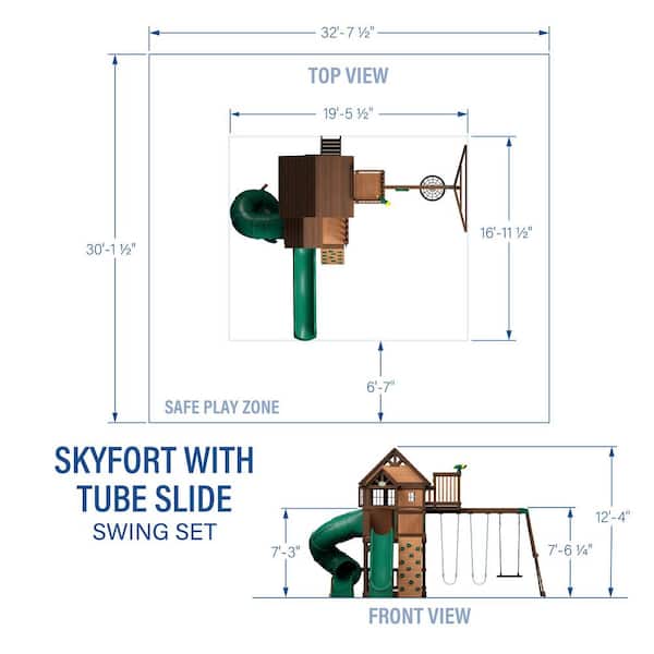 Skyfort Outdoor Playground Set w/ Tube Slide, Elevated Clubhouse, Crow's Nest, Rockwall, Wave Slide, and Swing Set