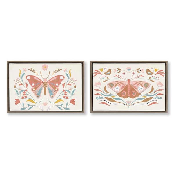 Stupell Industries Folk Butterflies and Florals by Kim Allen 2-Pieces Brown Floater Frame Animal Graphic Art Print 17 in. x 25 in.