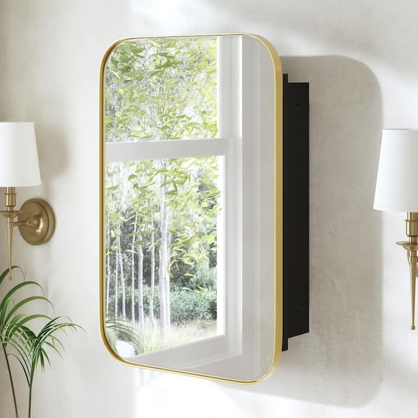 Gold 15.99 In W x 23.4 In. H Rounded Rectangle Mirror Cabinet Iron Framed Mirror