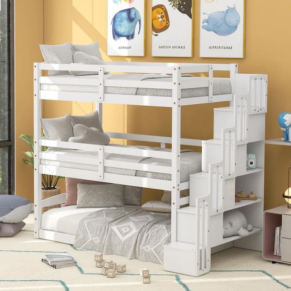 surfen Duiker partner Harper & Bright Designs Separate Design White Twin Wood Triple Bunk Bed  with Storage Staircase QHS070AAK - The Home Depot