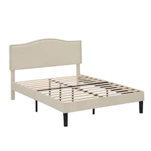 Platform Bed Frame Beige Metal Frame Full Platform Bed with Upholstered Headboard, Strong Frame and Wooden Slats Support