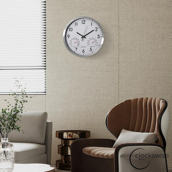 CLOCKSWISE 12 in. Non-Ticking Silver Wall Clock with Thermometer