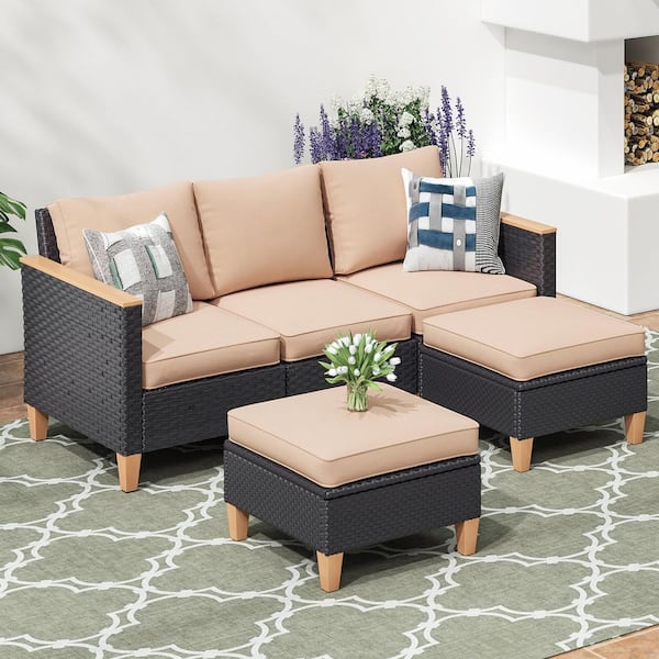 Outdoor 3-Piece Patio Furniture Set with Chairs Armless Sofa in Stain-Resistant Fabric with Beige Cushions