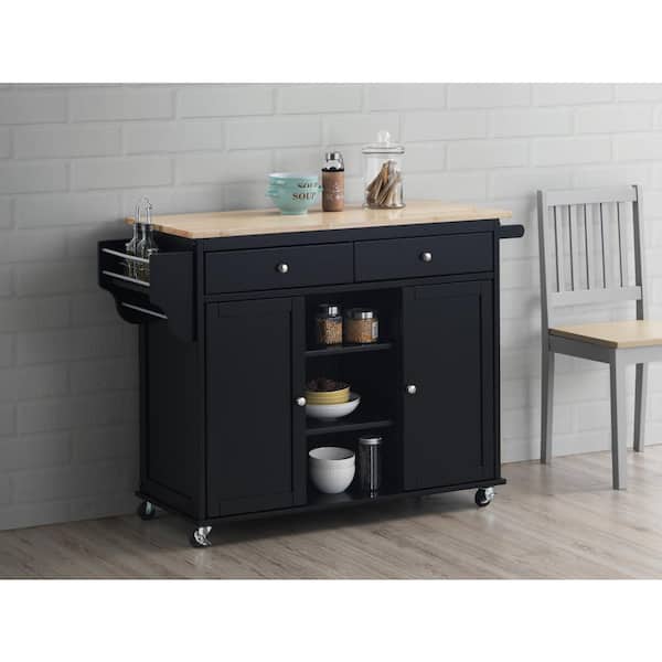 Westsky 46.5 in. Wide Black Modern Mobile Kitchen Island Locking Wheels Storage Cart Natural Finish Top with 2-Drawers