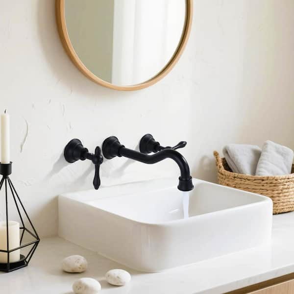 Retro Romantic Style Double Handle Wall Mounted Bathroom Faucet in Matte Black